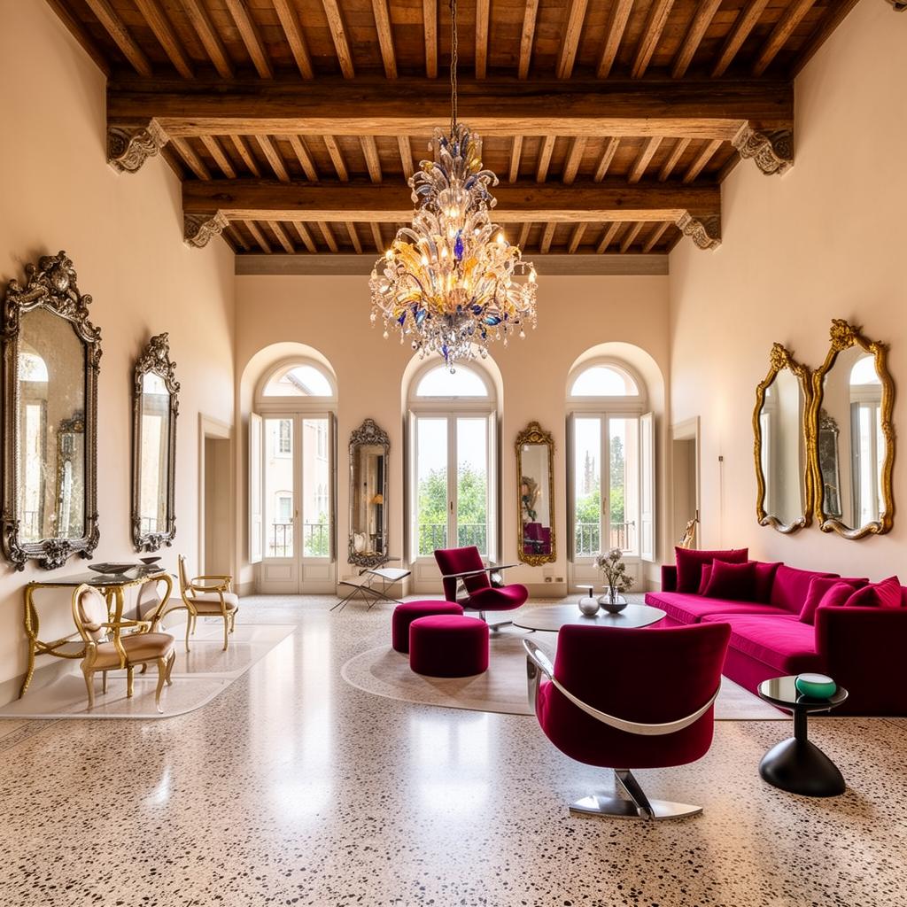 Grand salon with exposed beams and terrazzo floors